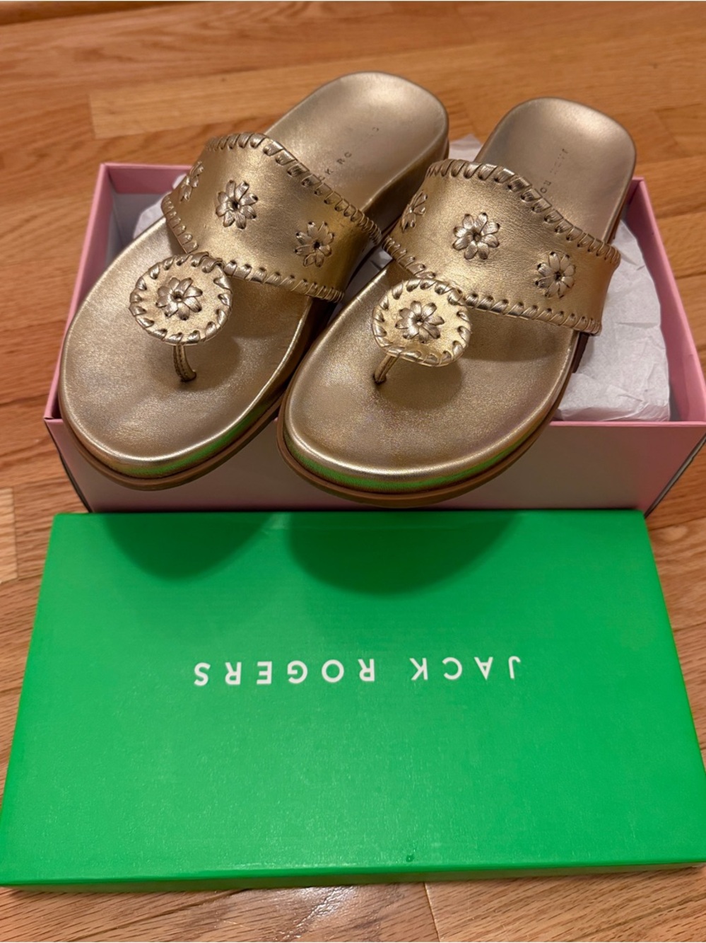 Jack Rogers Gold Leather Thong Sandals with Signature Medallions